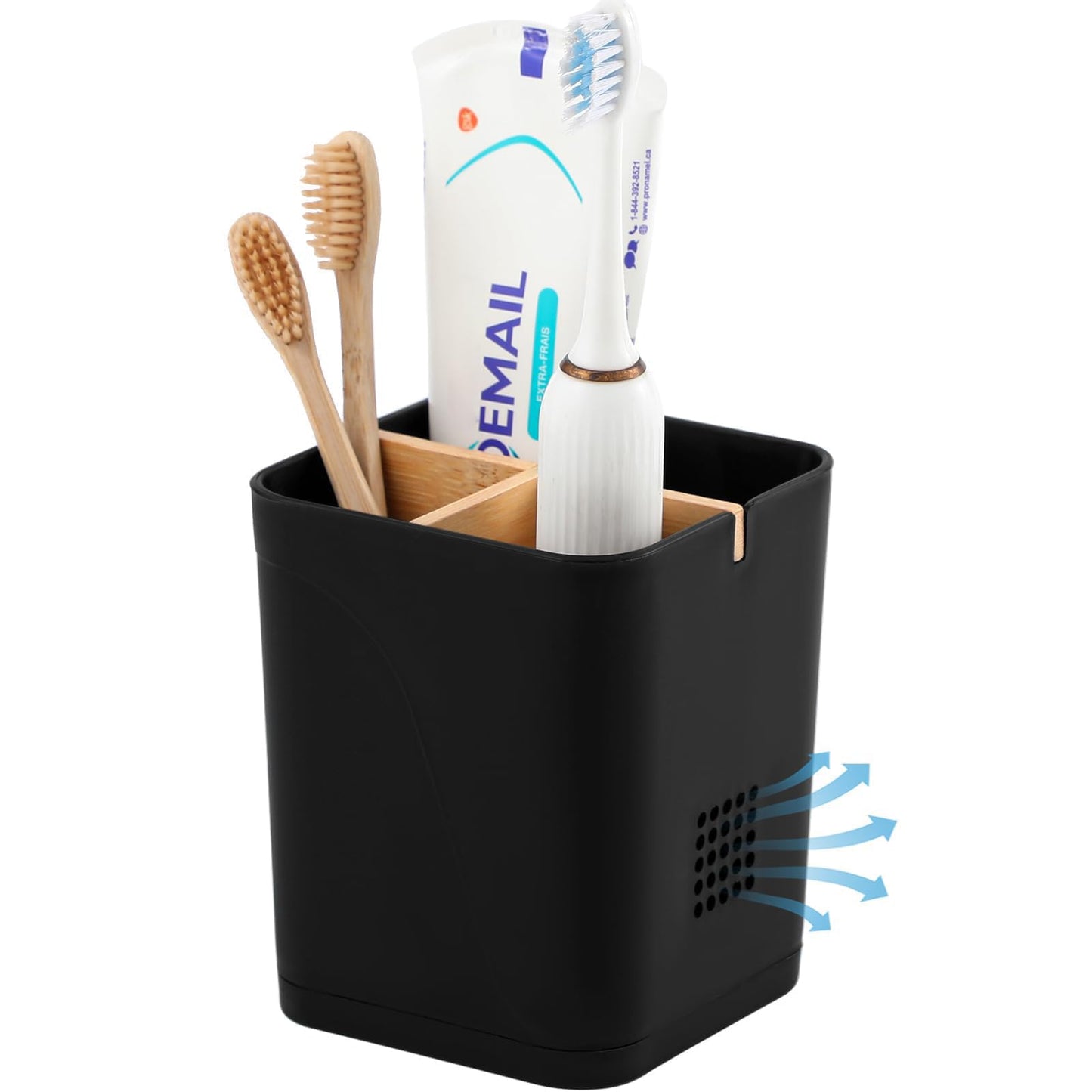 Electric Toothbrush Holder Tooth Brush and Toothpaste Organizer, Black | 3 Slots, Drainage Holes, Removable Bamboo Divider, Ventilation Design, Space-Saving, for Bathroom Countertop, Shower, Vanity
