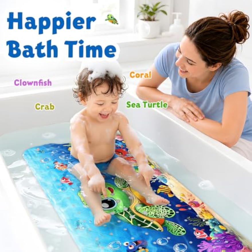 XIYUNTE Baby Bath Mat for Tub Non Slip Kids Bath Mat - 40''x16'' Extra Long Cartoon Turtle Baby Bath Tub Mat Eco-Friendly Toddler Bath Mats with Suction Cups & Drain Holes, Easy to Clean & Easy Drying