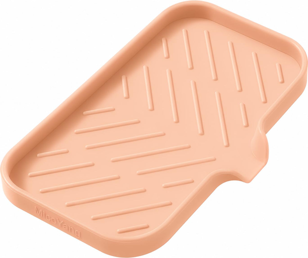 MicoYang Silicone Soap Dish with Drain Spout, Self-Draining Sink Organizer Tray for Bathroom and Kitchen, Sponges, Dispensers and Soap Holder, Non-Slip and Dishwasher Safe, Black (Compact, 4.9"×3.2")