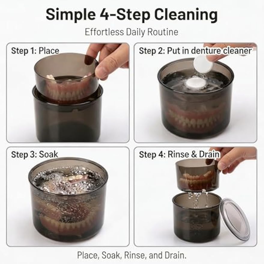 Denture Case with Strainer Basket & Brush, Denture Bath Cup for Full & Partial Dentures, Retainer & Mouth Guard Storage, Denture Soaking Container, Dental Bath Holder -Black
