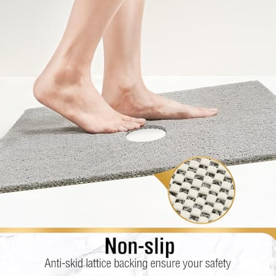 HITSLAM Square Shower Mat, 24 x 24 Inch Non Slip Bath Mat for Tub, Soft PVC Loofah Bathtub Mats with Drain Holes, Quick Drying Bathroom Stall Floor Mat, Bathroom Accessories Without Suction Cup, Grey