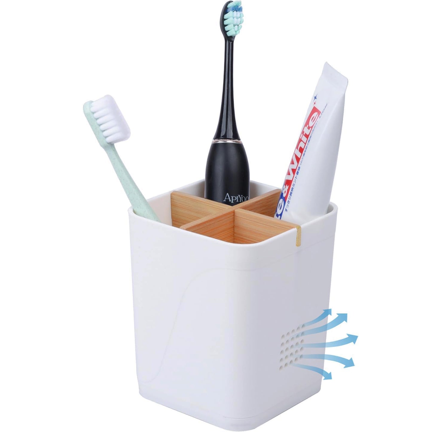 Electric Toothbrush Holder Tooth Brush and Toothpaste Organizer, Black | 3 Slots, Drainage Holes, Removable Bamboo Divider, Ventilation Design, Space-Saving, for Bathroom Countertop, Shower, Vanity