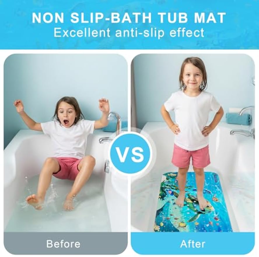 Baby Bath Mat for Tub Non Slip Kids, BPA Free Extra Long Bathtub Mat 40x16 with Drain Holes and 200 Suction Cups, Non Toxic Machine Washable Toddler Bath Mat, No Fading, Sea
