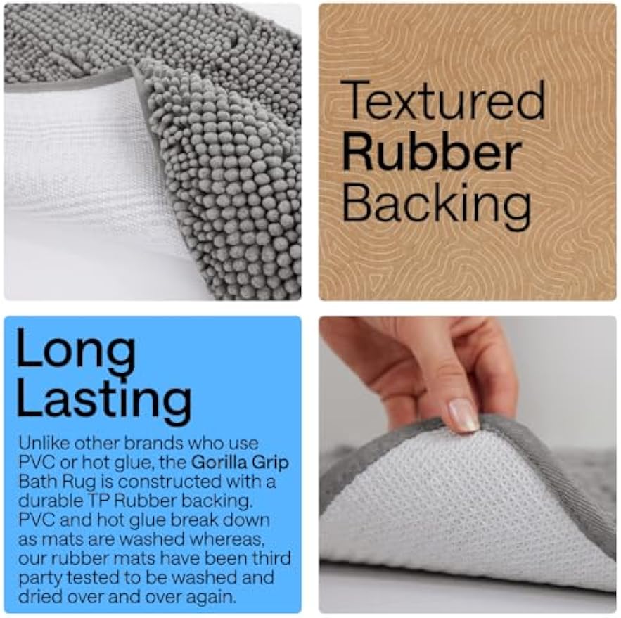 GORILLA GRIP Bath Rug Mat for Bathroom, Absorbent Chenille, 24x17 Gray | Soft Thick Quick Dry Microfiber Mats, Rubber Backing, Machine Washable Tub and Shower Floor Rugs, Home Decor Essentials