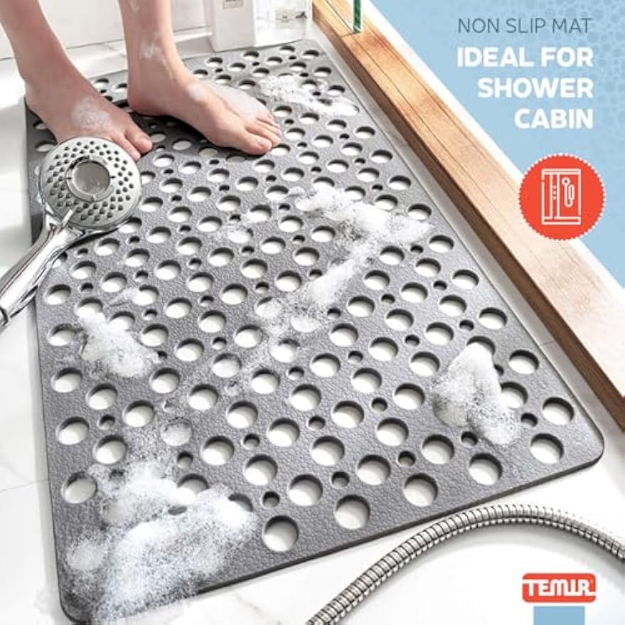 TEMIR Non Slip Bathtub Mat for Shower — Anti Skid Safety Mat with Strong Suction Cups, Quick Drain Holes, Machine Washable, Soft Bathroom Mat for Elderly & Kids, 30x17 in (75x43 cm) Gray