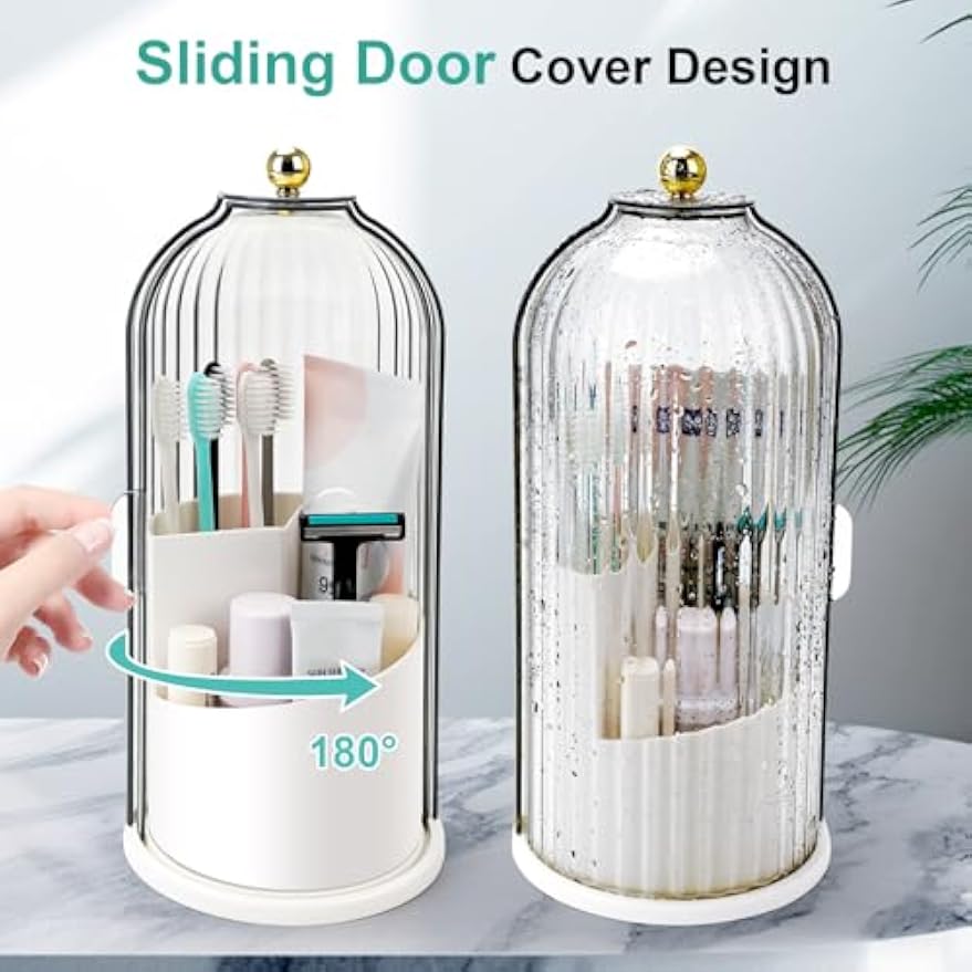 QIYVLOS Toothbrush Holders with Sliding Lid, Rotating 3 Slots Bathroom Organizer Countertop, Tooth Brush Toothpaste Holder Bathroom Counter Stand Sink Organizer Caddy for Vanity Makeup Brushes Holder