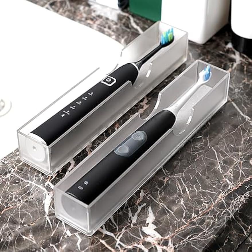 2Pack Acrylic Electric Toothbrush Holder with Diatomite Drying Stone, Bathroom Drawer Organizer with Drainage Hole for Tooth Brush, Compatible with Philips, Oral-B