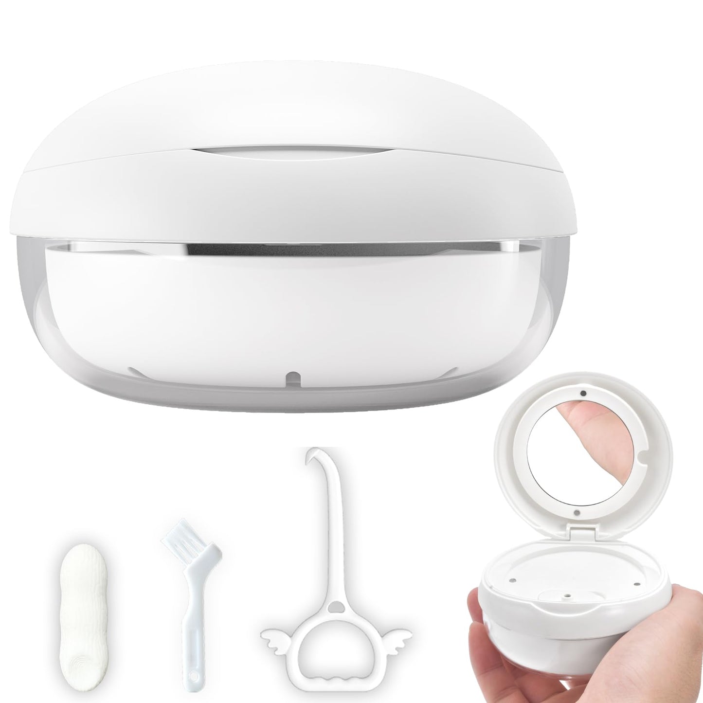 Retainer Case Denture Bath Case Basket Mirror Leak-proof White Hanburger | 2-in-1 design Strainer Basket No-Leak Cleaning Case for Mouth Guard Cute Removal Tool,Aligner chewies,Bursh