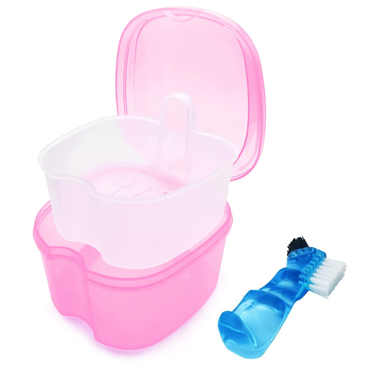 2 Pack Denture Case Dental Mouthguard Case, Denture Bath Box Cleaning with Brush, Strainer Basket and Lid Waterproof - Purple and Blue