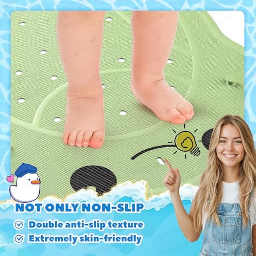 UNEEDE Kids Bathtub Mat Non Slip, Soft Rubber Shower Mat for Toddler | Machine Washable Baby Bath Mat with 100+ suction cups and 50+ Drainage Holes, 30"x18" Cute Frog Design, Baby Bath Essentials