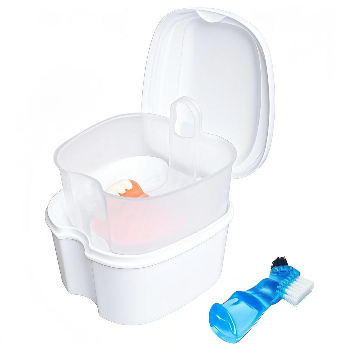 2 Pack Denture Case Dental Mouthguard Case, Denture Bath Box Cleaning with Brush, Strainer Basket and Lid Waterproof - Purple and Blue
