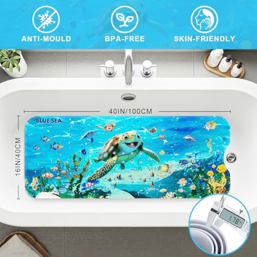 Baby Bath Mat for Tub Non Slip Kids, BPA Free Extra Long Bathtub Mat 40x16 with Drain Holes and 200 Suction Cups, Non Toxic Machine Washable Toddler Bath Mat, No Fading, Sea