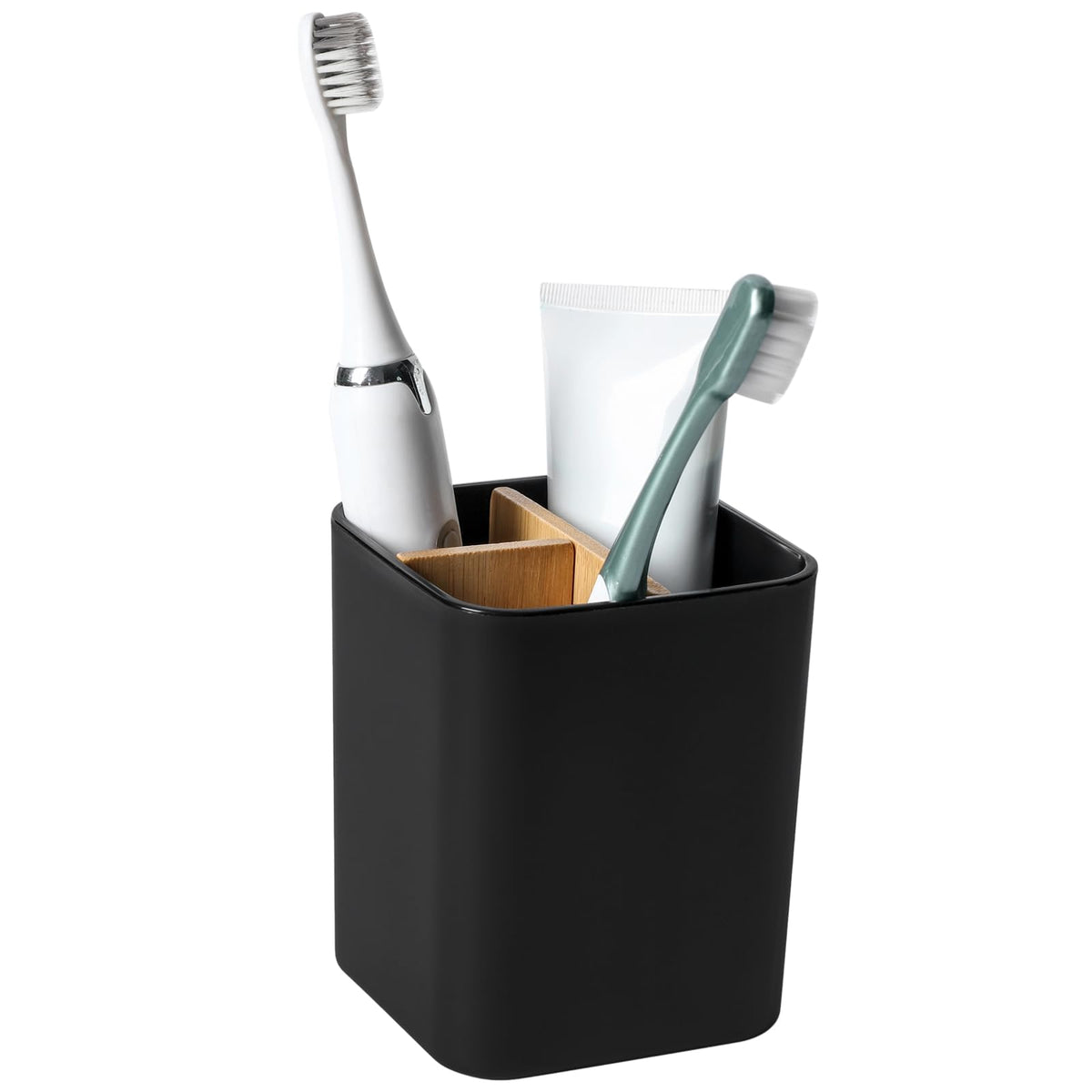 Bamboo Toothbrush Holder for Bathrooms Toothpaste Organizer - Black | Detachable Inserts, 3 Slots, Bathroom Counter Organizer, for Kids Electric Toothbrushes, Floss, Razors