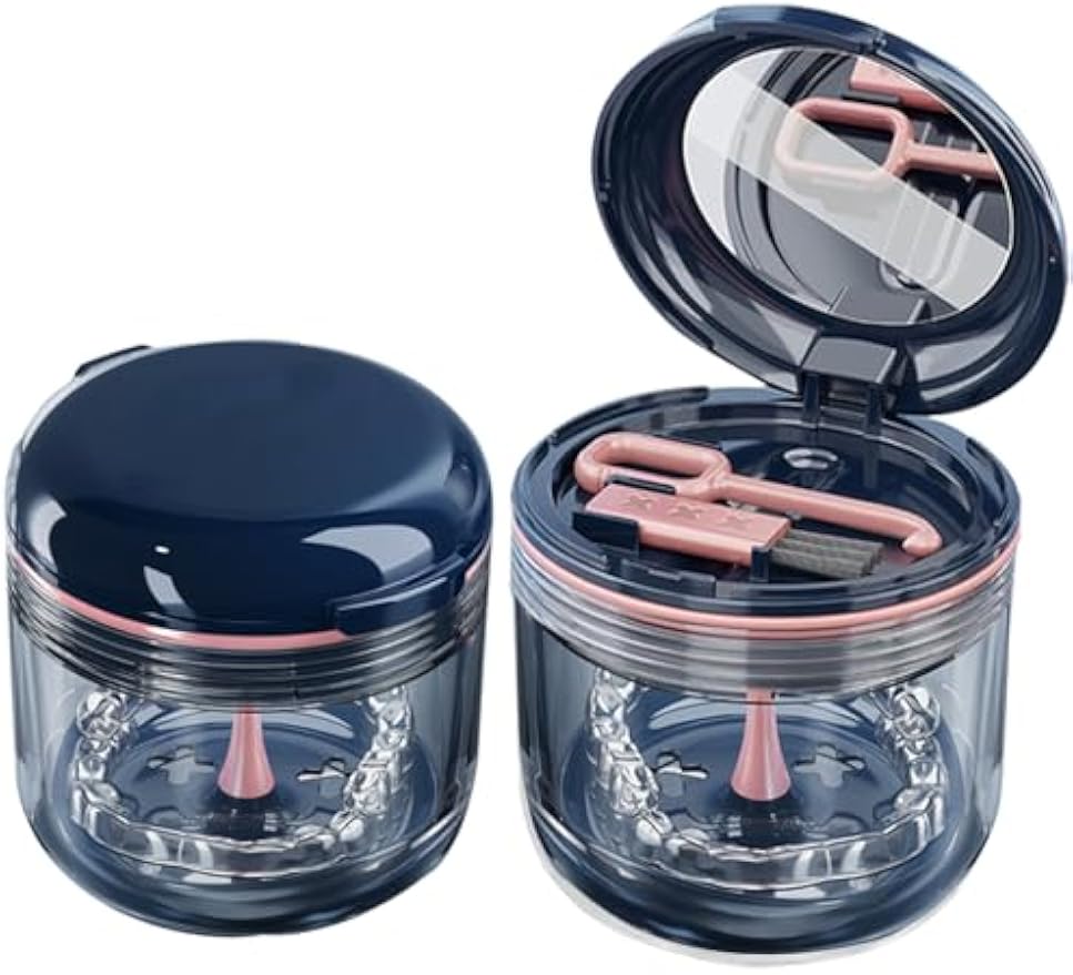 Retainer case, Denture Bath Cup，Retainer Cleaner Case Box,Night Mouth Guard Case Holder,Storage Soak Container with Drain Tray for Travel Cleaning with Mirror and Brush