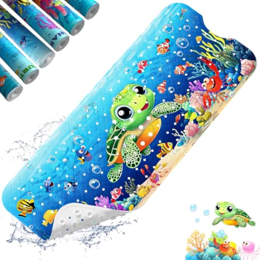 XIYUNTE Baby Bath Mat for Tub Non Slip Kids Bath Mat - 40''x16'' Extra Long Cartoon Turtle Baby Bath Tub Mat Eco-Friendly Toddler Bath Mats with Suction Cups & Drain Holes, Easy to Clean & Easy Drying