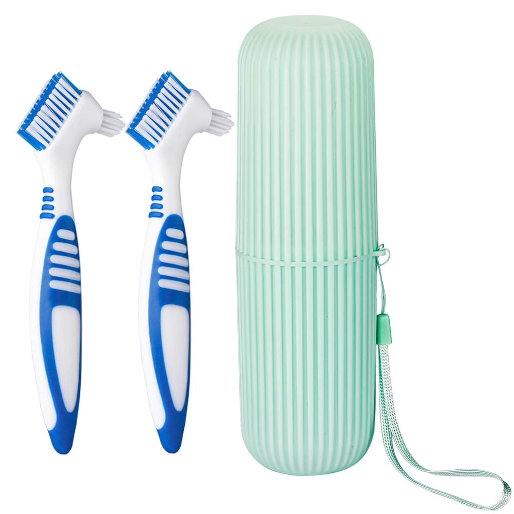 Anbbas 2pcs Denture Brush with Portable Toothbrush Cup for Oral Appliance | Double Bristle Dental Cleaning Care Brush