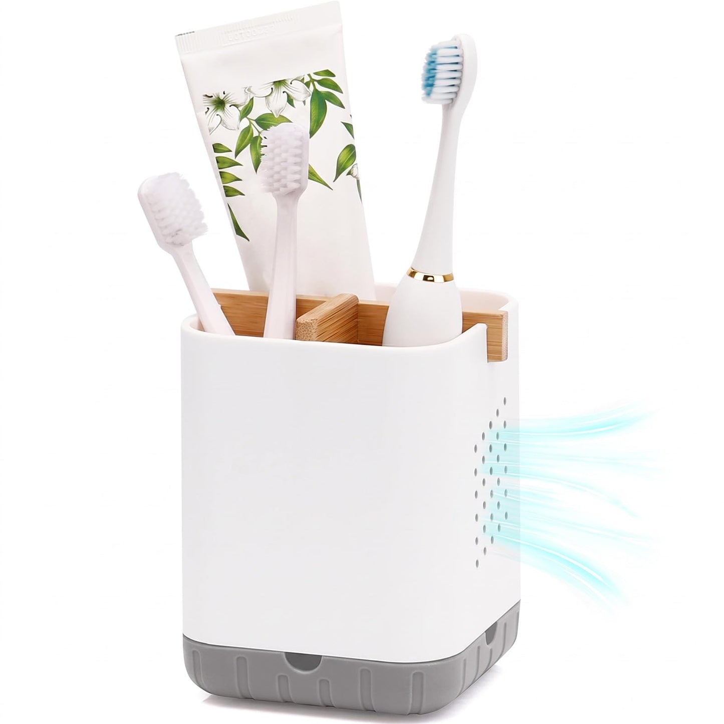 Boperzi Toothbrush and Toothpaste Holder with Bamboo Divider for Bathroom Countertop Organizer, Plastic Detachable Anti-Slip Large Electric Toothbrush Holders Storage Caddy Drainage for Family, Kids