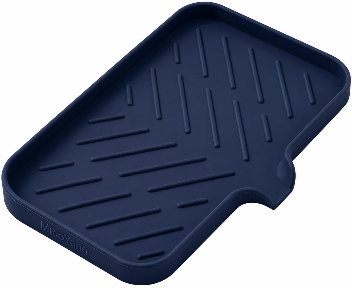 MicoYang Silicone Soap Dish with Drain Spout, Self-Draining Sink Organizer Tray for Bathroom and Kitchen, Sponges, Dispensers and Soap Holder, Non-Slip and Dishwasher Safe, Black (Compact, 4.9"×3.2")