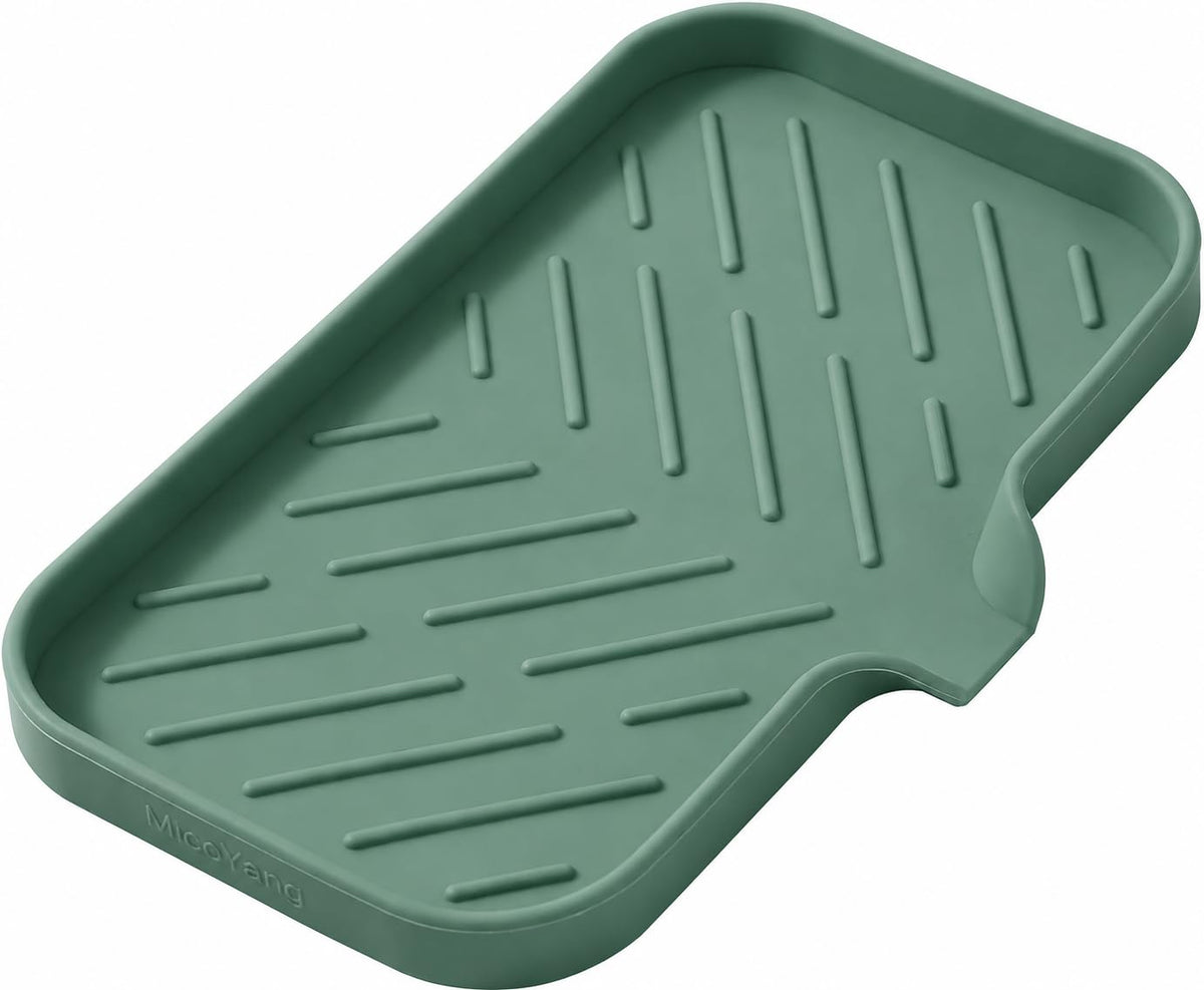 MicoYang Silicone Soap Dish with Drain Spout, Self-Draining Sink Organizer Tray for Bathroom and Kitchen, Sponges, Dispensers and Soap Holder, Non-Slip and Dishwasher Safe, Black (Compact, 4.9"×3.2")