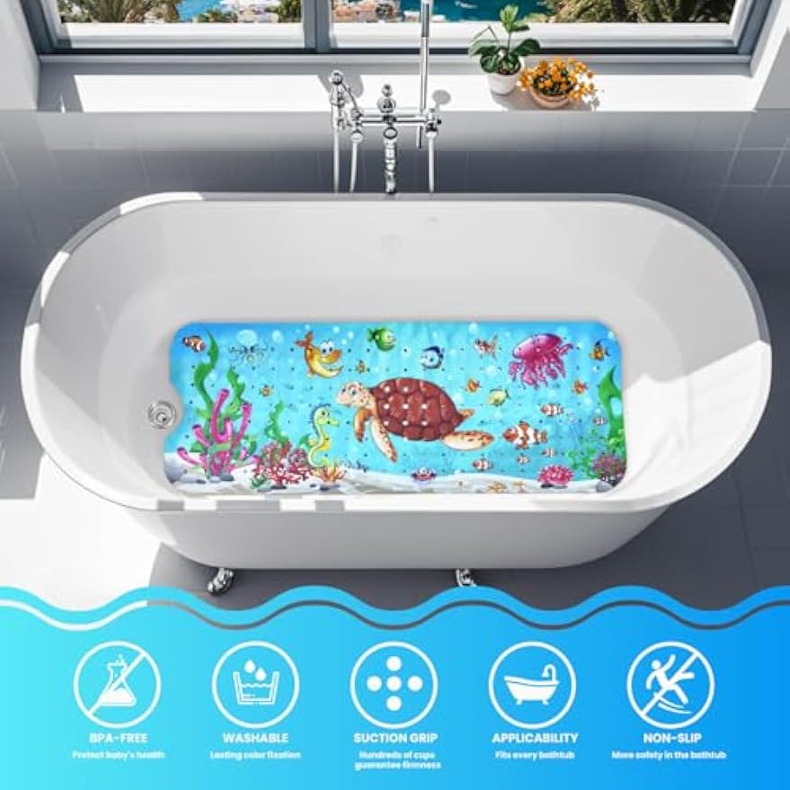 Baby Bath Tub Mat, 40 x 16 Inch Extra Large Non Slip Kids Cartoon Bathtub Shower Mats with Suction Cups & Drain Holes, Machine Washable for Bathroom, Undersea Sea Turtle