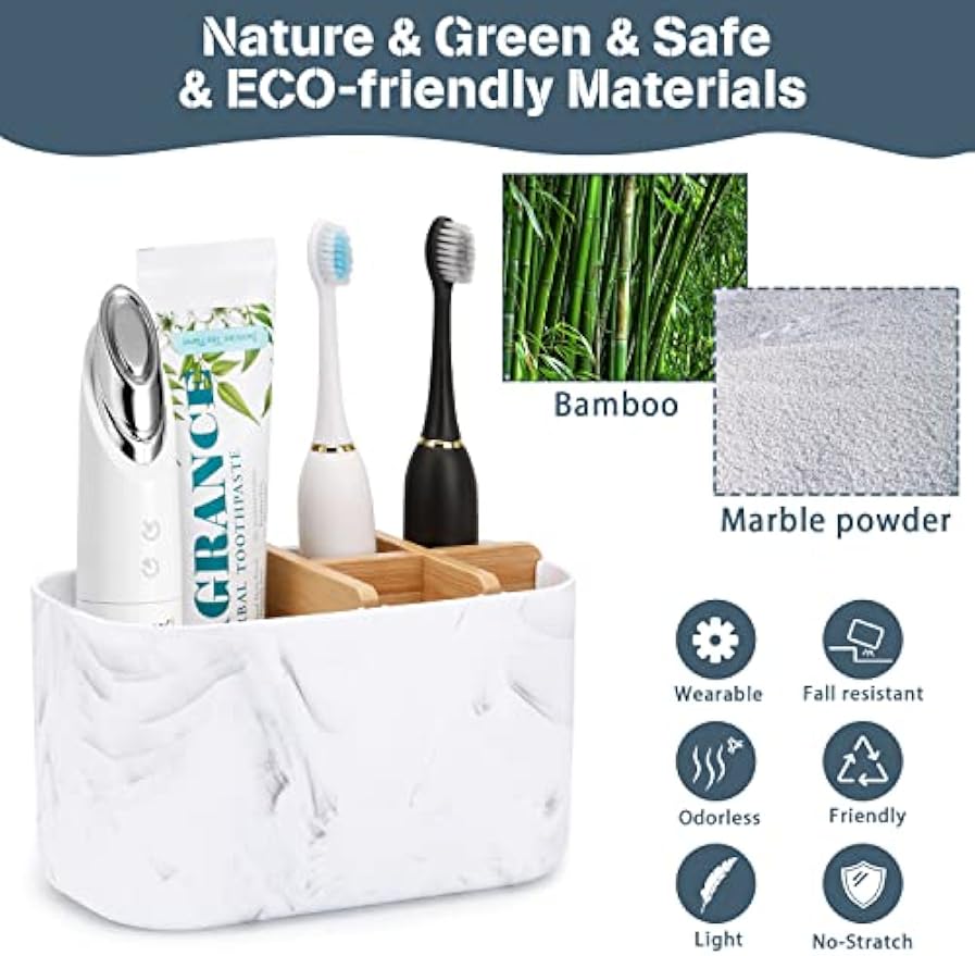 GFWARE Toothbrush Holders for Bathrooms, 5 Slots Bamboo Toothbrush Holder Kids Electric Toothbrush Holder and Toothpaste Holder for Bathroom Countertop Accessories Storage, Marble Toothbrush Organizer | 5 Slots Kids Electric Toothbrush and Toothpaste Hold