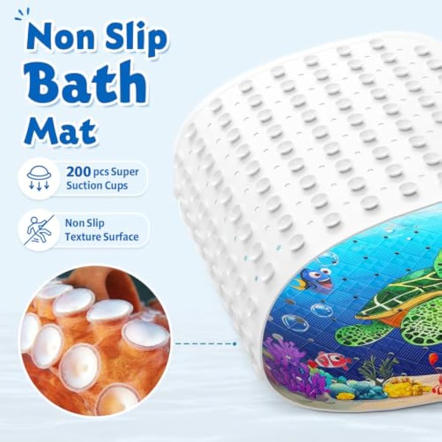 XIYUNTE Baby Bath Mat for Tub Non Slip Kids Bath Mat - 40''x16'' Extra Long Cartoon Turtle Baby Bath Tub Mat Eco-Friendly Toddler Bath Mats with Suction Cups & Drain Holes, Easy to Clean & Easy Drying