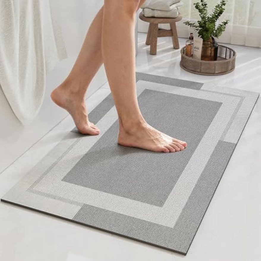 YDKGL Non Slip Bath Mat Thin Bathroom Rugs Fit Under Door Grey 16"x 24" | Quick Dry Absorbent Washable Rubber Backing Bath Rug Shower Mat Bathroom Floor Mat for Sink Bathtub Beside Shower Entrance