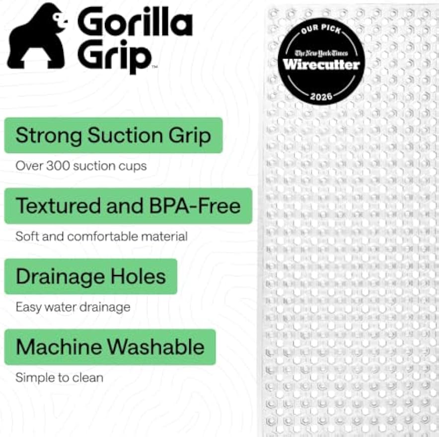GORILLA GRIP Bath Tub Shower Mat, Bathtub Floor Liner, 35x16 Clear | Patented Large Mats, Machine Washable, Suction Cups and Drain Holes to Keep Tubs Clean, Soft on Feet, Bathroom Essentials