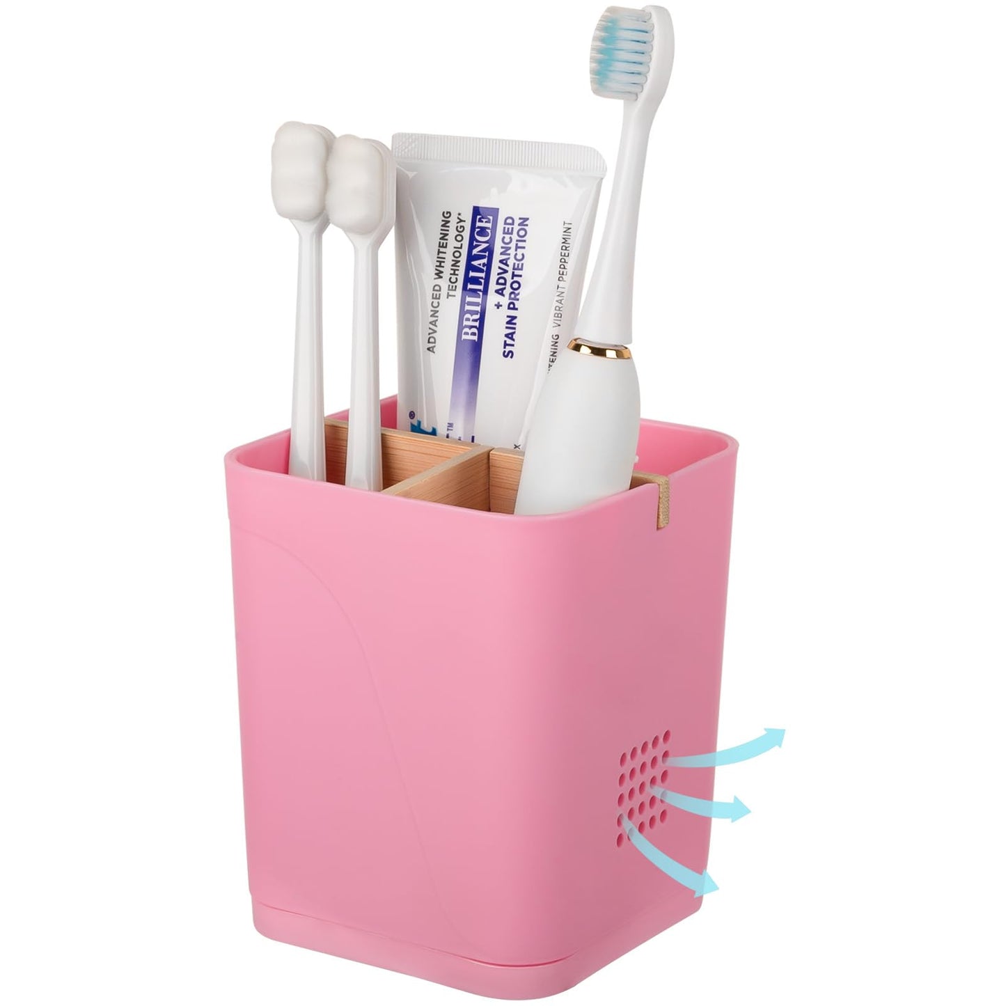 Electric Toothbrush Holder Tooth Brush and Toothpaste Organizer, Black | 3 Slots, Drainage Holes, Removable Bamboo Divider, Ventilation Design, Space-Saving, for Bathroom Countertop, Shower, Vanity