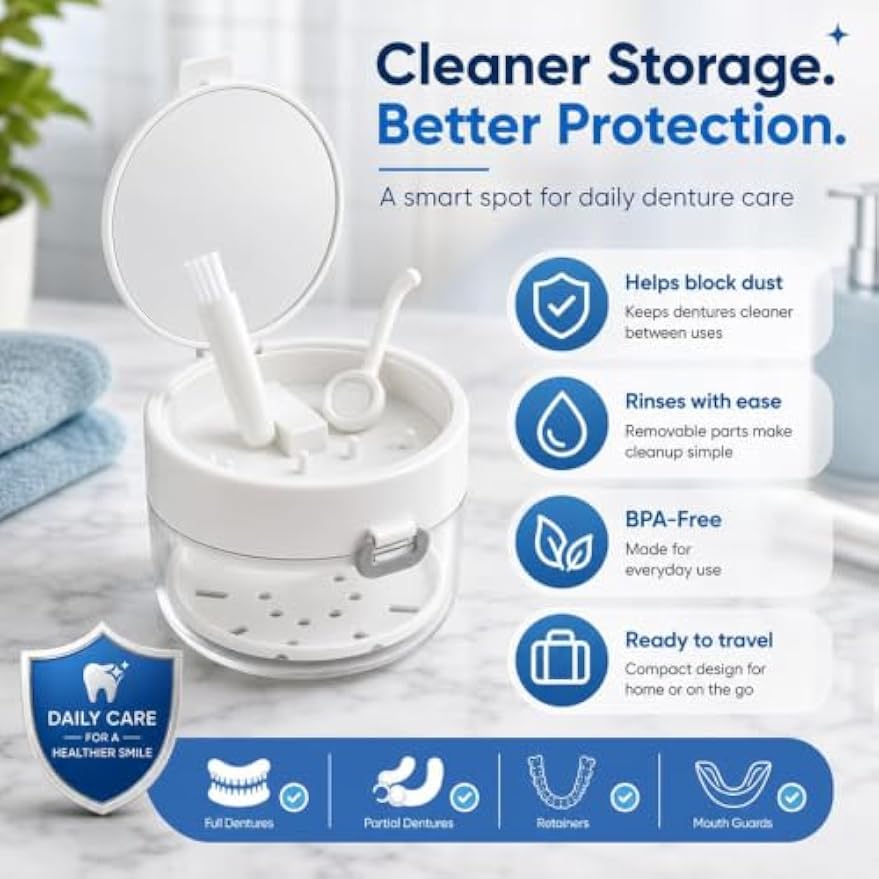 3-in-1 Retainer Case with Mirror & Cleaning Brush, Leak-Proof Aligner Storage Box with Auto-Rising Bath, Strainer Basket & Remover Tool, Portable Dental Travel Kit for Daily Care (White)
