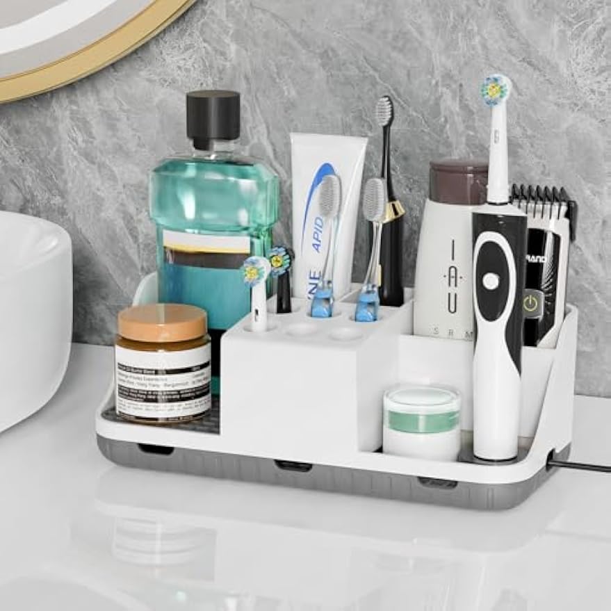 Boperzi Electric Toothbrush Holders with Cord Slots: Detachable Toothbrush and Toothpaste Holders, Large Tooth Brush Storage Caddy Set Drainage, Anti-Slip Bathroom Counter Organizer for Family, Kids