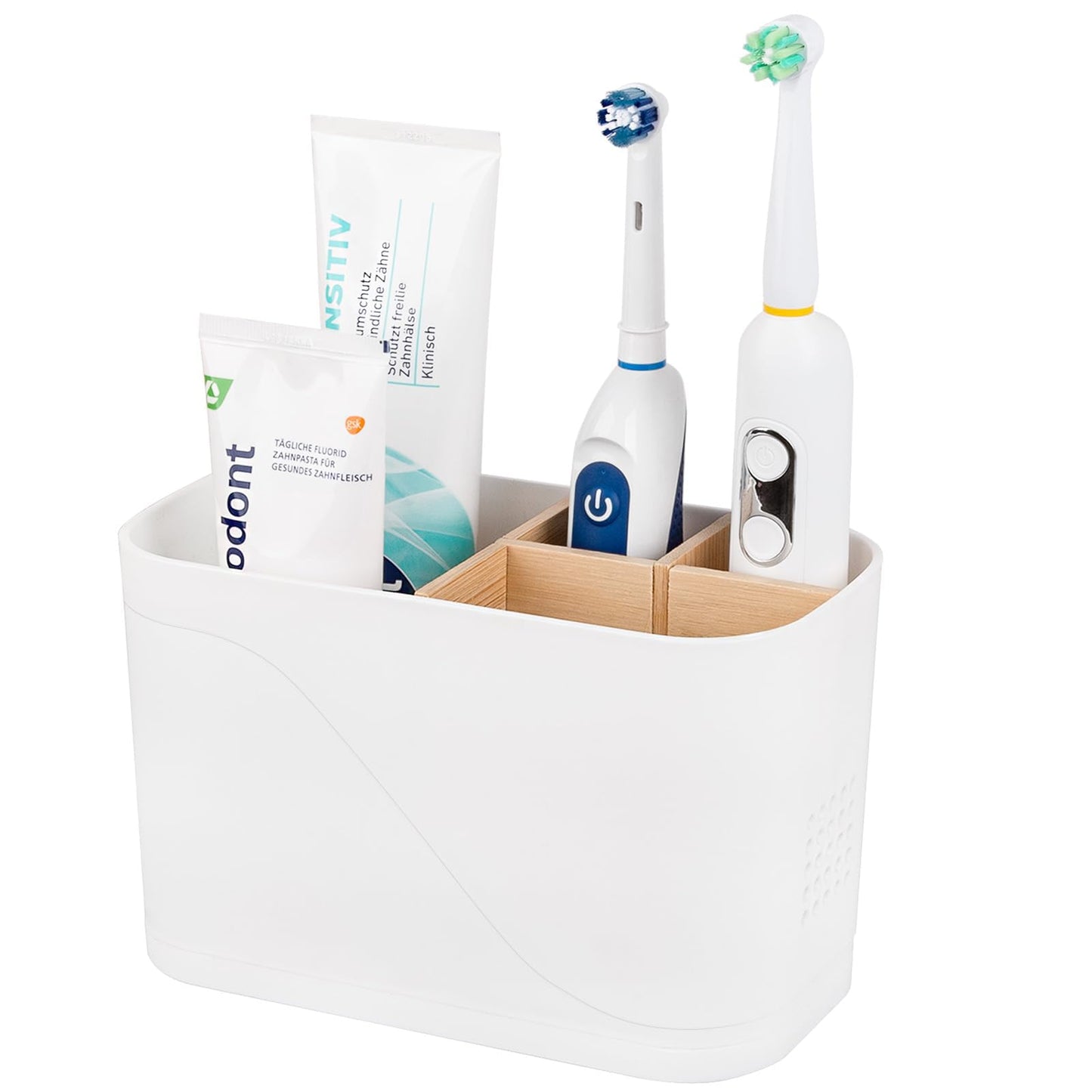 Electric Toothbrush Holder Tooth Brush and Toothpaste Organizer, Black | 3 Slots, Drainage Holes, Removable Bamboo Divider, Ventilation Design, Space-Saving, for Bathroom Countertop, Shower, Vanity