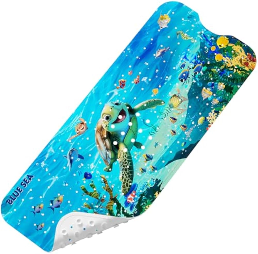 Baby Bath Mat for Tub Non Slip Kids, BPA Free Extra Long Bathtub Mat 40x16 with Drain Holes and 200 Suction Cups, Non Toxic Machine Washable Toddler Bath Mat, No Fading, Sea