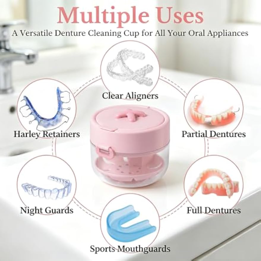 3-in-1 Leakproof Retainer Denture Box Auto Lift Tray w/Mirror Brush | Leakproof travel retainer cleaner case with auto lift tray, mirror brush for aligner soaking storage
