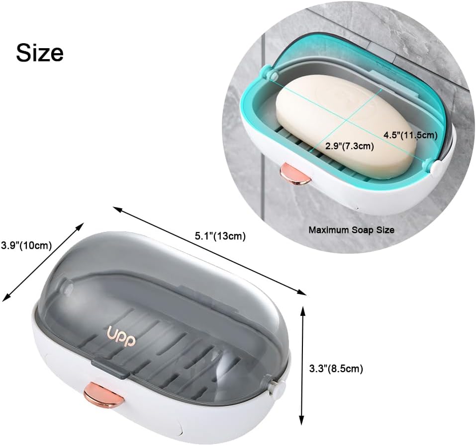 2 Pack Shower Soap Dish Holder with Lid, Bar Soap Container with Drain | Wall Mounted Soap Box Container for Shower, Bathroom, Bathtub, Kitchen Sink, Adhesive Included