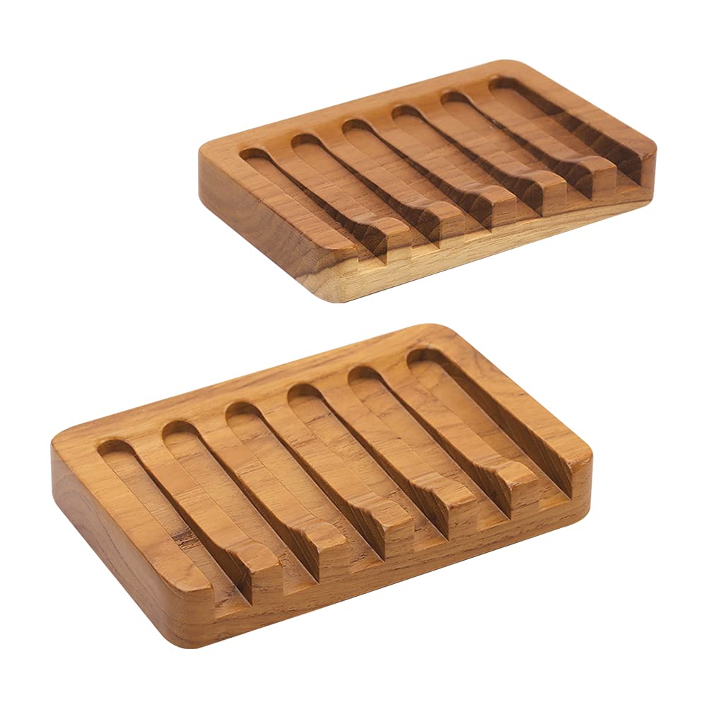 HTB Soap Dish with Slanted Waterfall Design,Teak Wood Bar Soap Holder | Soap Saver Keep Soap Bar Dry,Extend Soap Life,Non-slip Soap Tray for Shower,Bathroom,Sink,Kitchen,Countertop,Self Draining