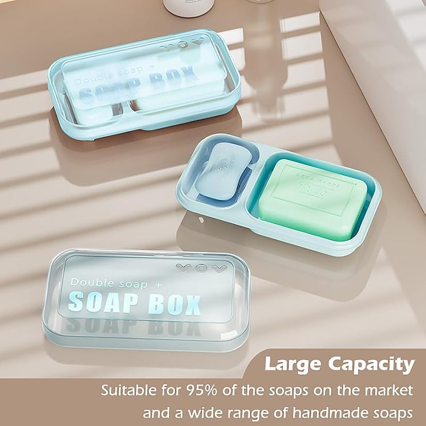 AIDIMMING Large Countertop Double Soap Dish with Lid, 2-Compartment Self Draining Soap Holder for Shower, Sink & Bathtub, 7.9 x 4.3 in Holder for Shampoo Bars and Bath Soap Bars, Light Blue