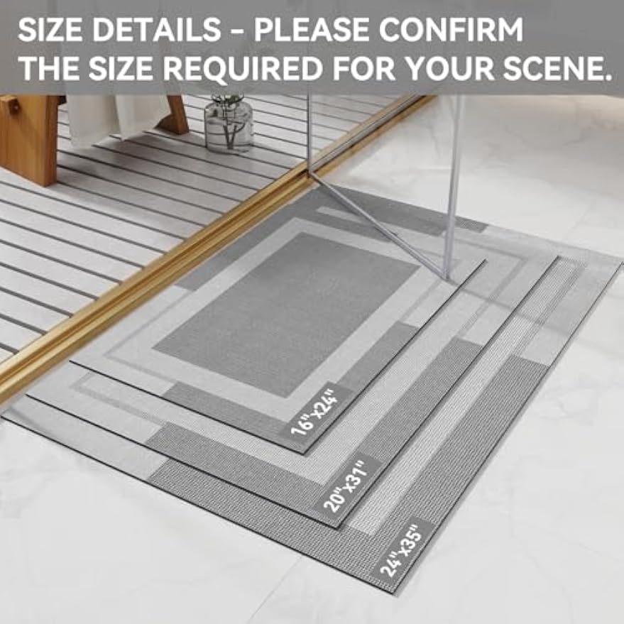 YDKGL Non Slip Bath Mat Thin Bathroom Rugs Fit Under Door Grey 16"x 24" | Quick Dry Absorbent Washable Rubber Backing Bath Rug Shower Mat Bathroom Floor Mat for Sink Bathtub Beside Shower Entrance