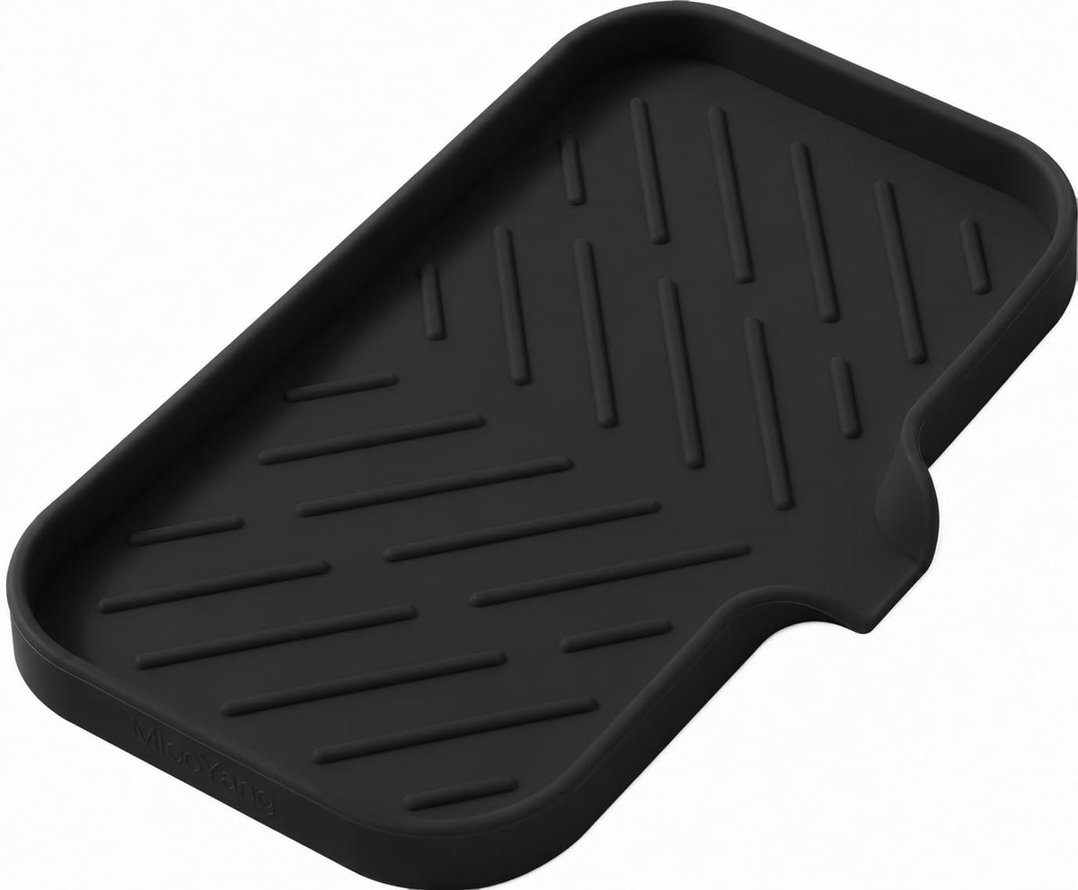 MicoYang Silicone Soap Dish with Drain Spout, Self-Draining Sink Organizer Tray for Bathroom and Kitchen, Sponges, Dispensers and Soap Holder, Non-Slip and Dishwasher Safe, Black (Compact, 4.9"×3.2")