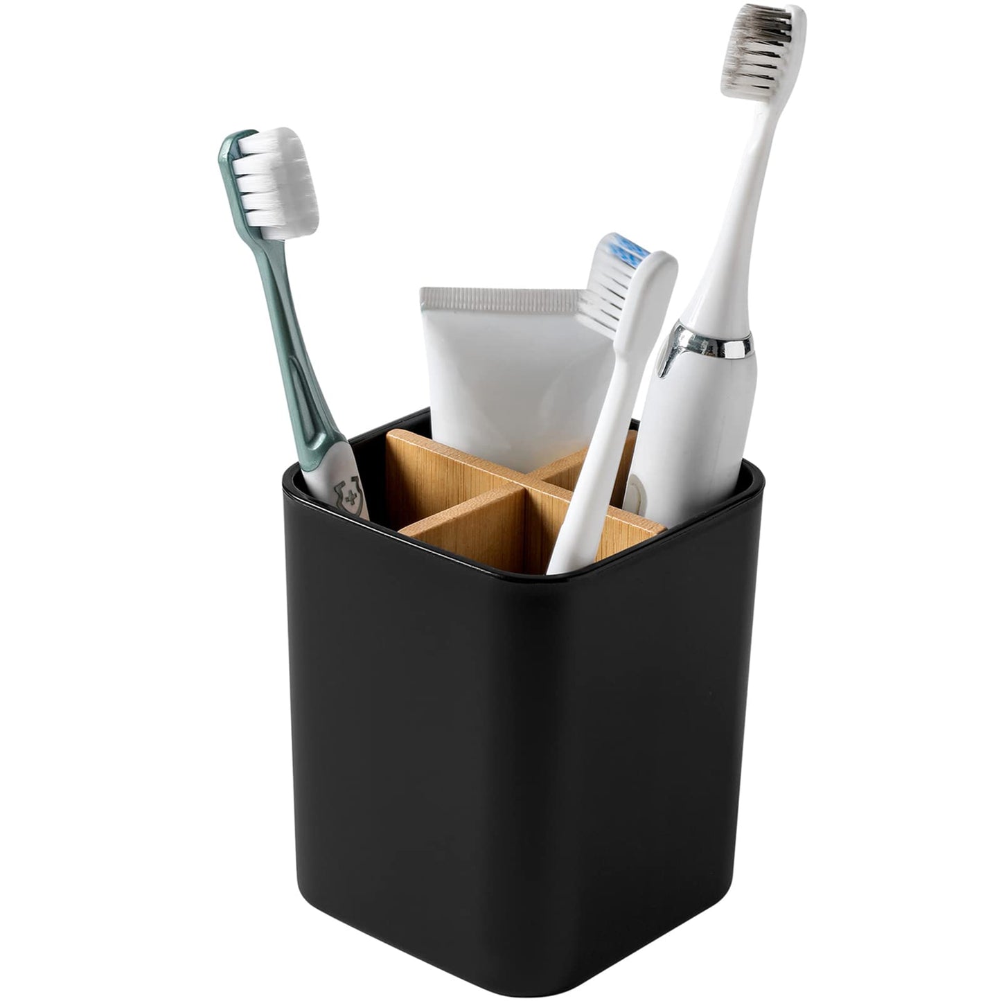 Bamboo Toothbrush Holder for Bathrooms Toothpaste Organizer - Black | Detachable Inserts, 3 Slots, Bathroom Counter Organizer, for Kids Electric Toothbrushes, Floss, Razors