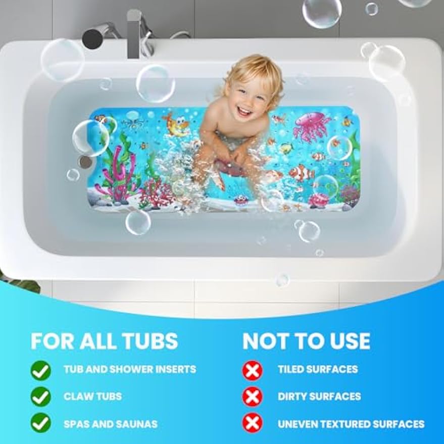 Baby Bath Tub Mat, 40 x 16 Inch Extra Large Non Slip Kids Cartoon Bathtub Shower Mats with Suction Cups & Drain Holes, Machine Washable for Bathroom, Undersea Sea Turtle