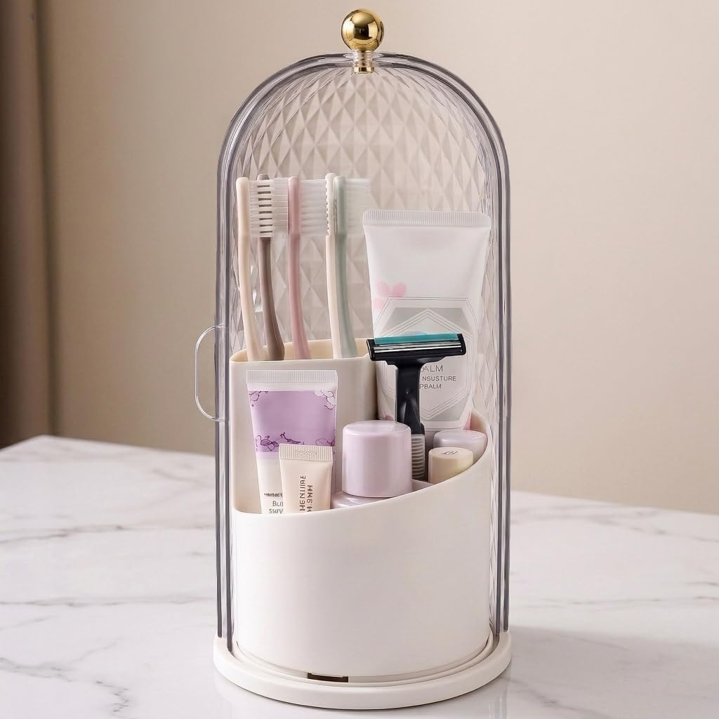 QIYVLOS Toothbrush Holders with Sliding Lid, Rotating 3 Slots Bathroom Organizer Countertop, Tooth Brush Toothpaste Holder Bathroom Counter Stand Caddy for Vanity Makeup Brushes Holder (White)