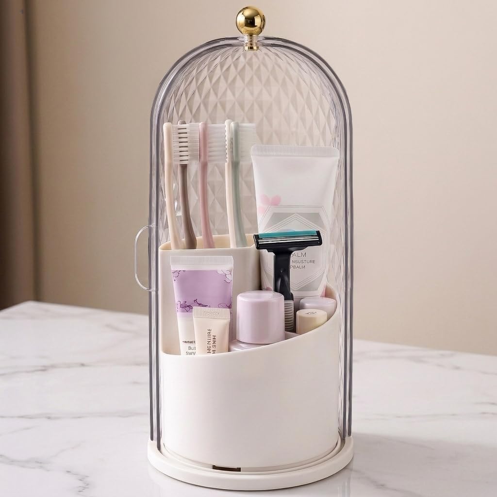 QIYVLOS Toothbrush Holders with Sliding Lid, Rotating 3 Slots Bathroom Organizer Countertop, Tooth Brush Toothpaste Holder Bathroom Counter Stand Caddy for Vanity Makeup Brushes Holder (White)