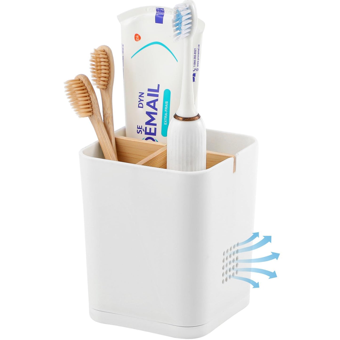 Electric Toothbrush Holder Tooth Brush and Toothpaste Organizer, Black | 3 Slots, Drainage Holes, Removable Bamboo Divider, Ventilation Design, Space-Saving, for Bathroom Countertop, Shower, Vanity