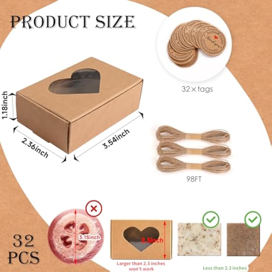 Soap Boxes for Homemade Soap, Soap Packaging Gift Box with Window | 3.54 X 2.36 X 1.18 Inch Soap Packaging Gift boxes Brown with Window, Small Rectangular Soap Boxes (32PCS)