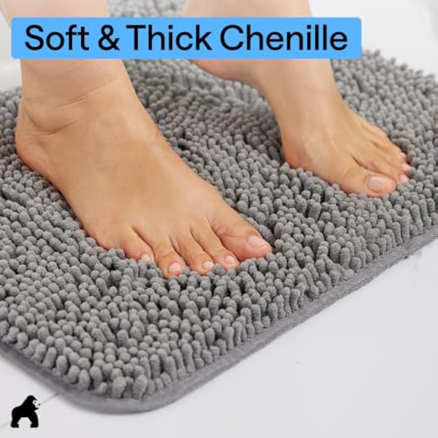 GORILLA GRIP Bath Rug Mat for Bathroom, Absorbent Chenille, 24x17 Gray | Soft Thick Quick Dry Microfiber Mats, Rubber Backing, Machine Washable Tub and Shower Floor Rugs, Home Decor Essentials