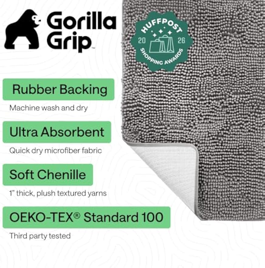 GORILLA GRIP Bath Rug Mat for Bathroom, Absorbent Chenille, 24x17 Gray | Soft Thick Quick Dry Microfiber Mats, Rubber Backing, Machine Washable Tub and Shower Floor Rugs, Home Decor Essentials