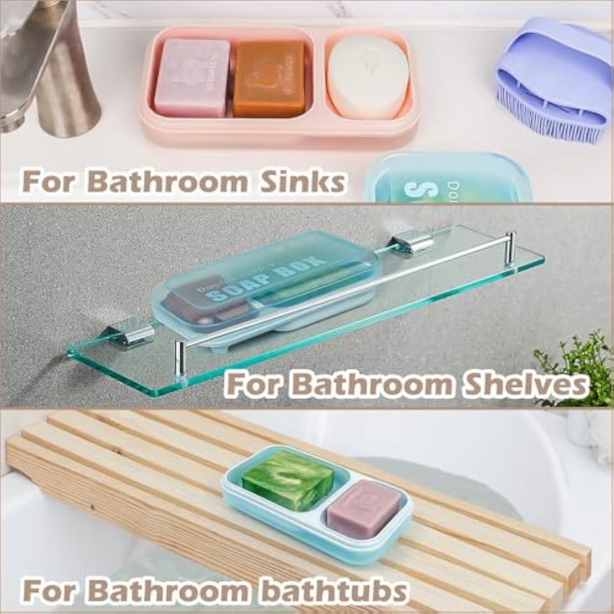 AIDIMMING Large Countertop Double Soap Dish with Lid, 2-Compartment Self Draining Soap Holder for Shower, Sink & Bathtub, 7.9 x 4.3 in Holder for Shampoo Bars and Bath Soap Bars, Light Blue