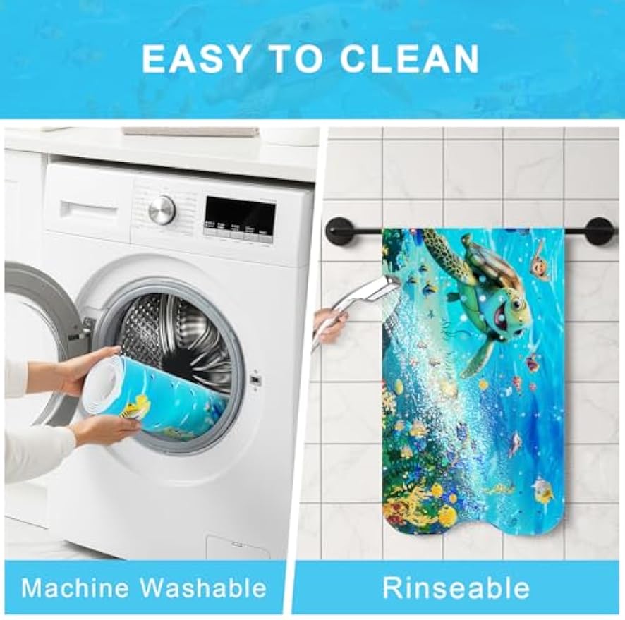 Baby Bath Mat for Tub Non Slip Kids, BPA Free Extra Long Bathtub Mat 40x16 with Drain Holes and 200 Suction Cups, Non Toxic Machine Washable Toddler Bath Mat, No Fading, Sea