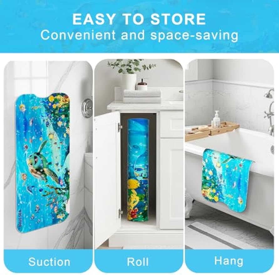 Baby Bath Mat for Tub Non Slip Kids, BPA Free Extra Long Bathtub Mat 40x16 with Drain Holes and 200 Suction Cups, Non Toxic Machine Washable Toddler Bath Mat, No Fading, Sea